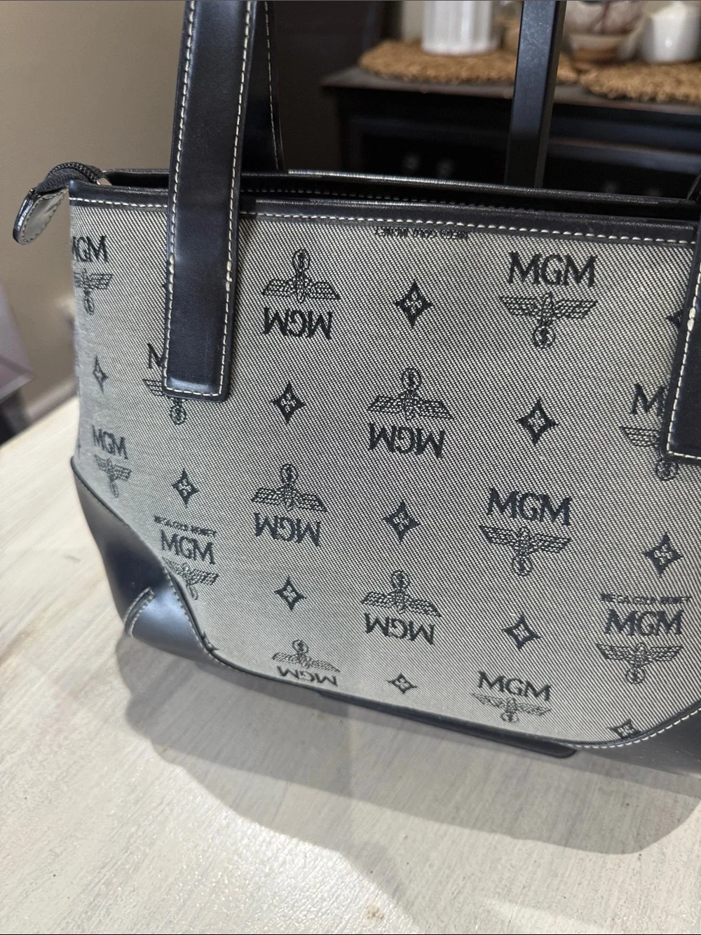 MGM Beige Canvas and Black Leather Messenger Tote
